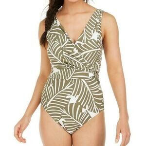 DKNY Olive Green Draped Wrap Tummy-Control One-Piece Swimsuit Size 4 NWT Swim